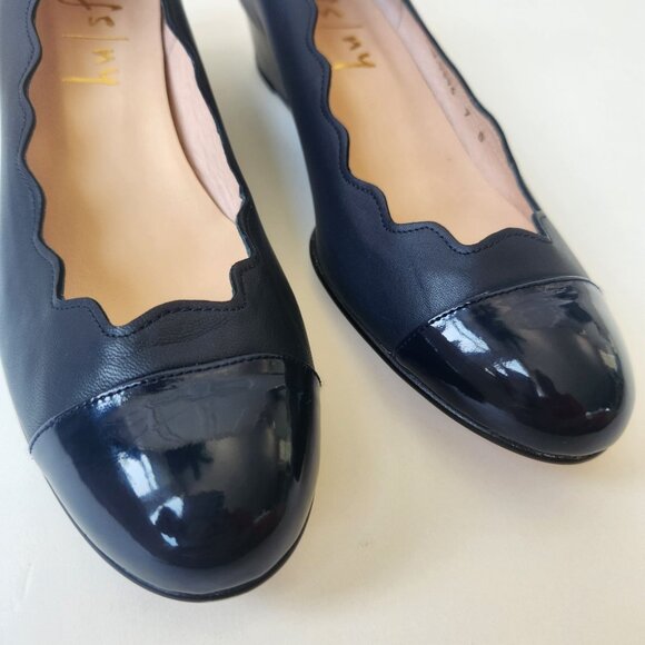 Fs/ny French Sole NY Navy Scalloped Leather Wedge Shoes Cute Ballet Casual - Picture 9 of 14